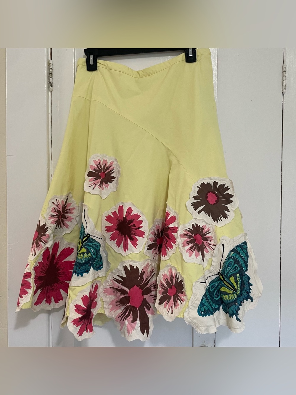 Anthropologie Odille yellow skirt with silk butterfly and flowers skirt